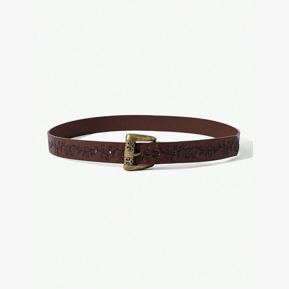 Accessories - Brown Floral Print Vegan Leather Belt with Antique Gold Buckle